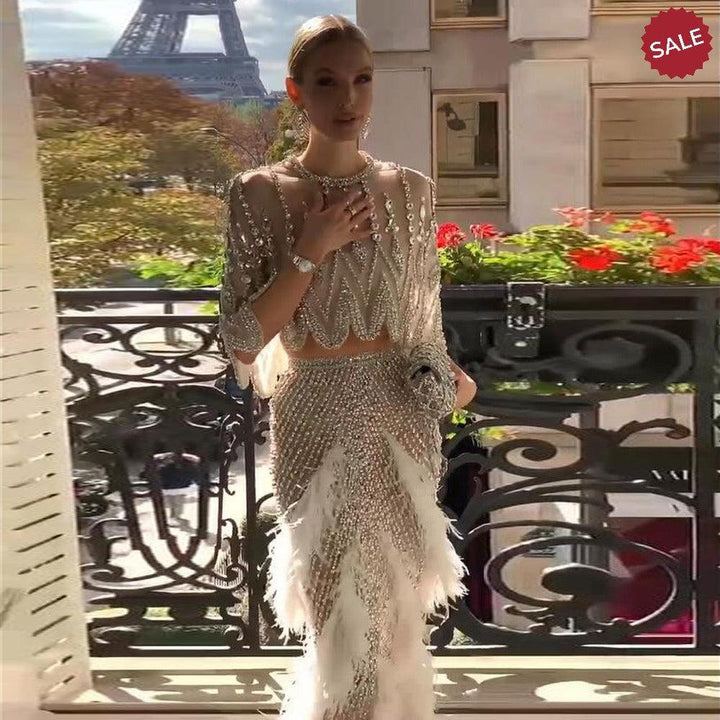 Luxury Dubai White Feathers Two Pieces Evening Dresses SS363