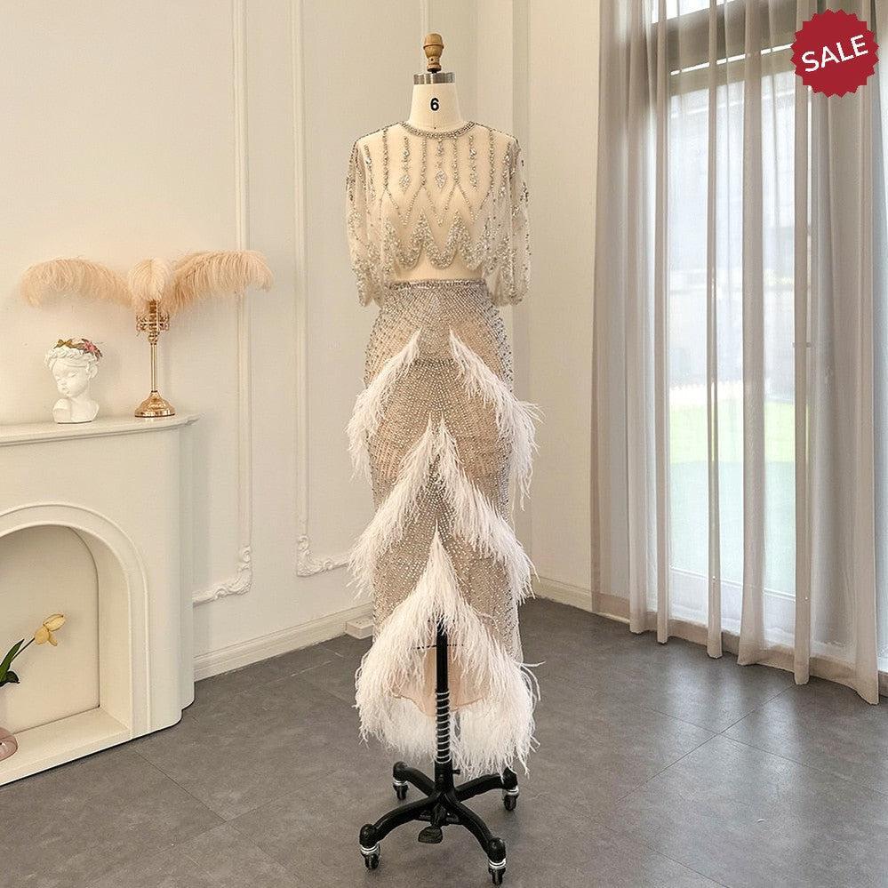 Luxury Dubai White Feathers Two Pieces Evening Dresses SS363