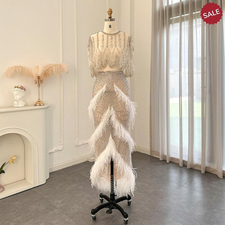 Luxury Dubai White Feathers Two Pieces Evening Dresses SS363