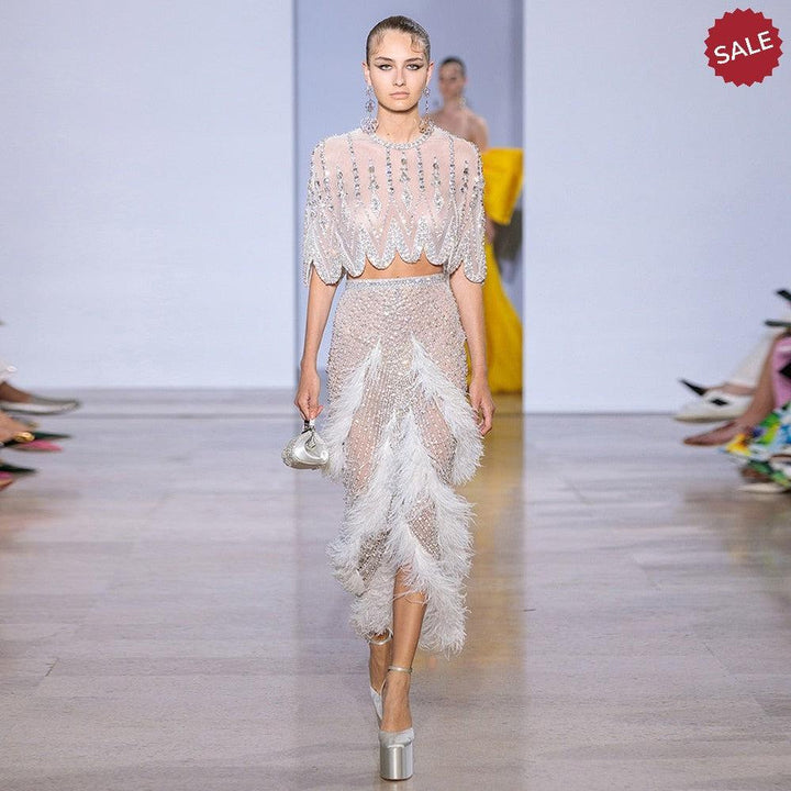 Luxury Dubai White Feathers Two Pieces Evening Dresses SS363