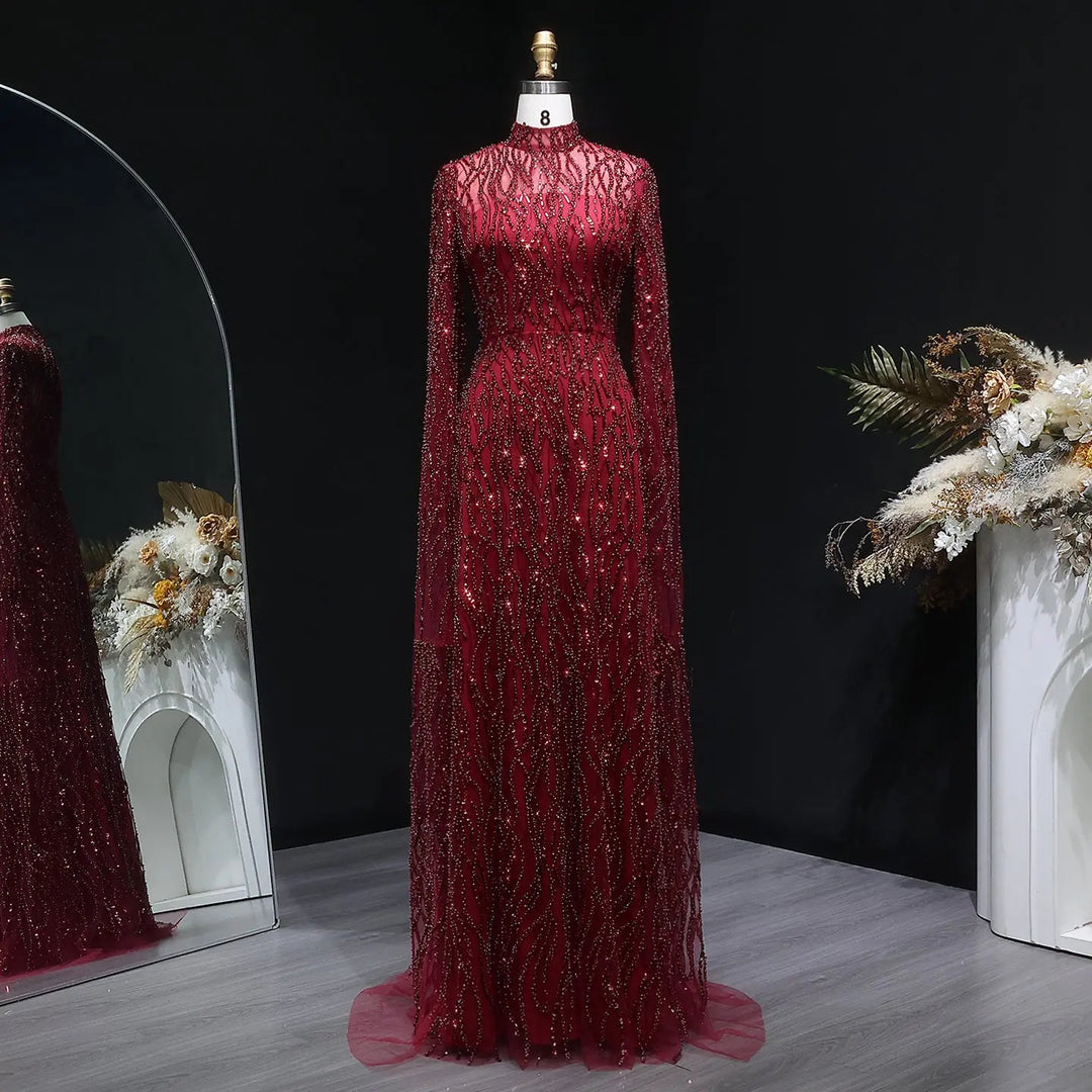 Luxury Dusty Pink High Neck Sequin Embellished Evening Dress SS621-DreamyVow