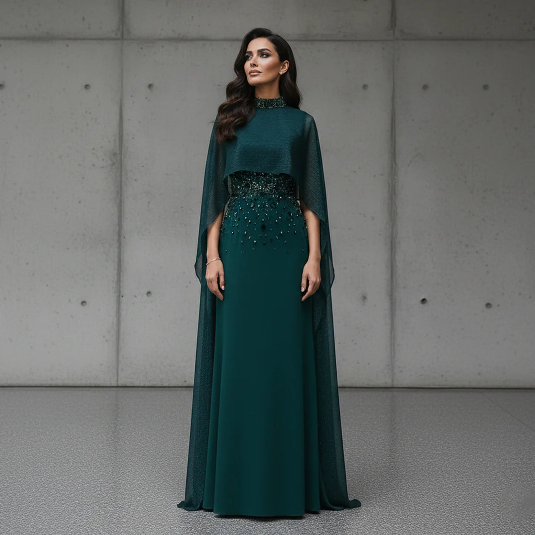 Luxury Emerald Green Beaded Crystal Evening Gown with Cape Sleeves SS2 DreamyVow Luxury Emerald Green Beaded Crystal Evening Gown with Cape Sleeves SS2 DreamyVow