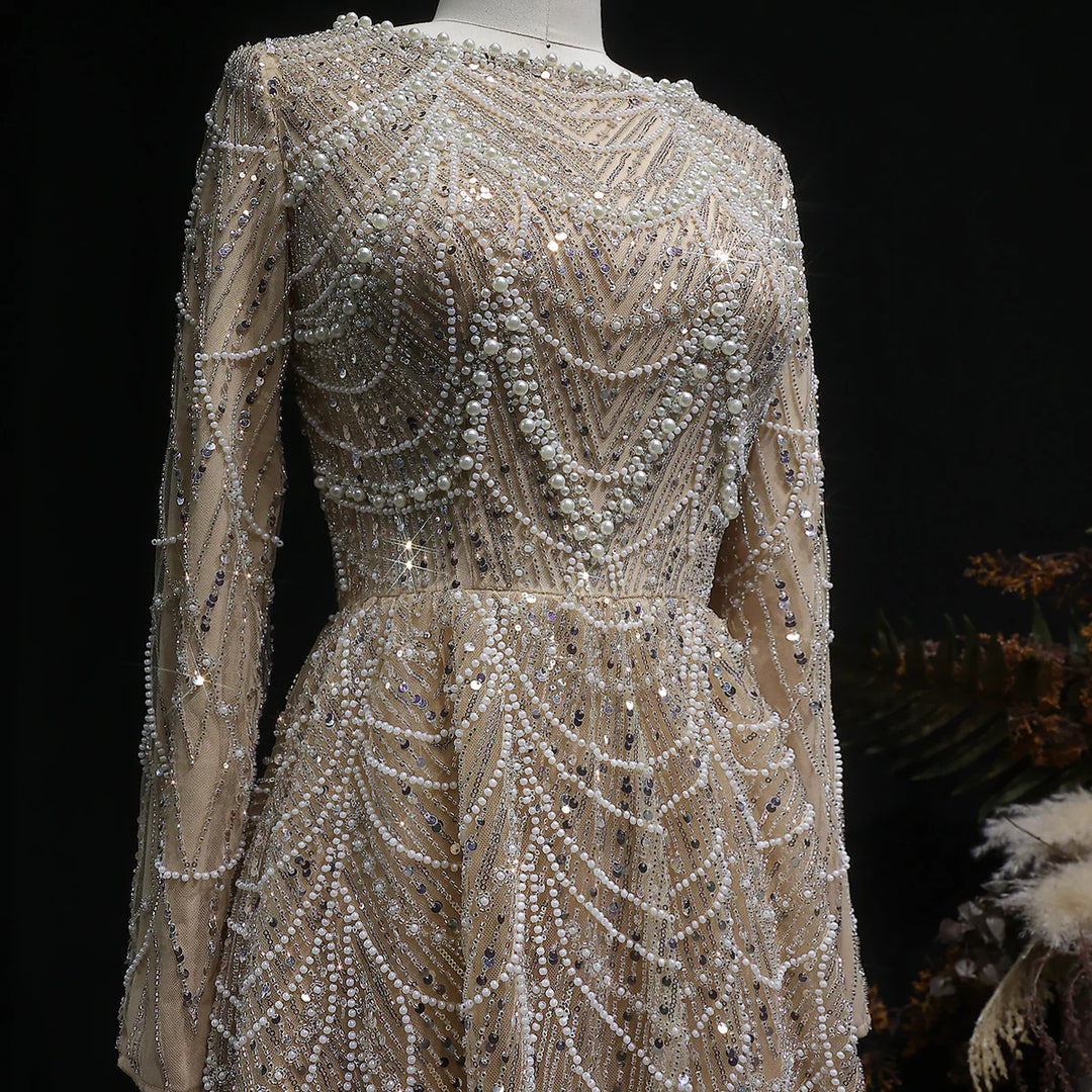 Luxury Emerald Green Beaded Long Sleeve Evening Gown SS625-DreamyVow