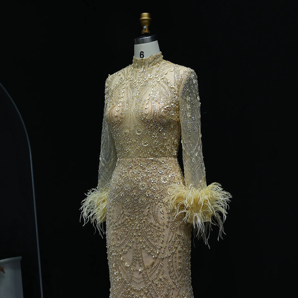 Luxury Feather Beaded Gold Mermaid Evening Dress SS659