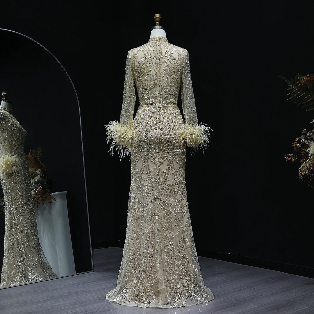 Luxury Feather Beaded Gold Mermaid Evening Dress SS659 Gold / 16
