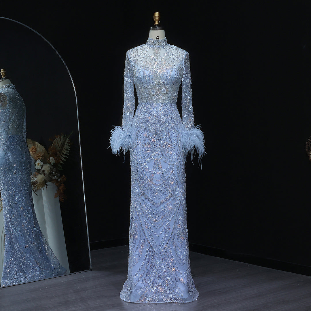 Luxury Feather Beaded Gold Mermaid Evening Dress SS659 – DreamyVow