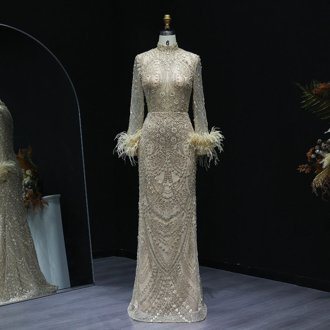 Luxury Feather Beaded Gold Mermaid Evening Dress SS659 Gold / 2 Luxury Feather Beaded Gold Mermaid Evening Dress SS659 Gold / 2