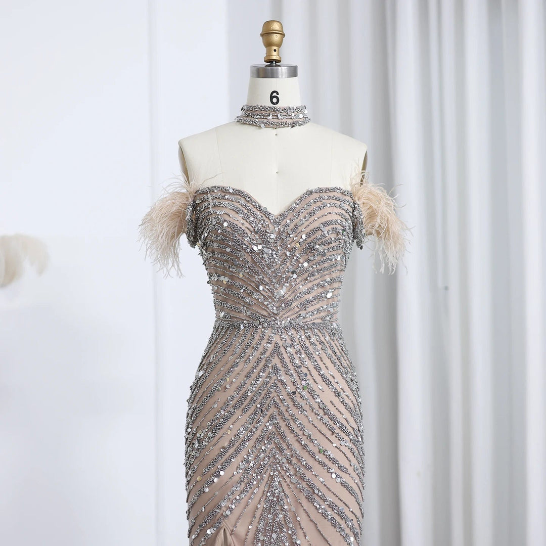 Luxury Feather Beaded Mermaid Evenig Dress with Chocker SS167