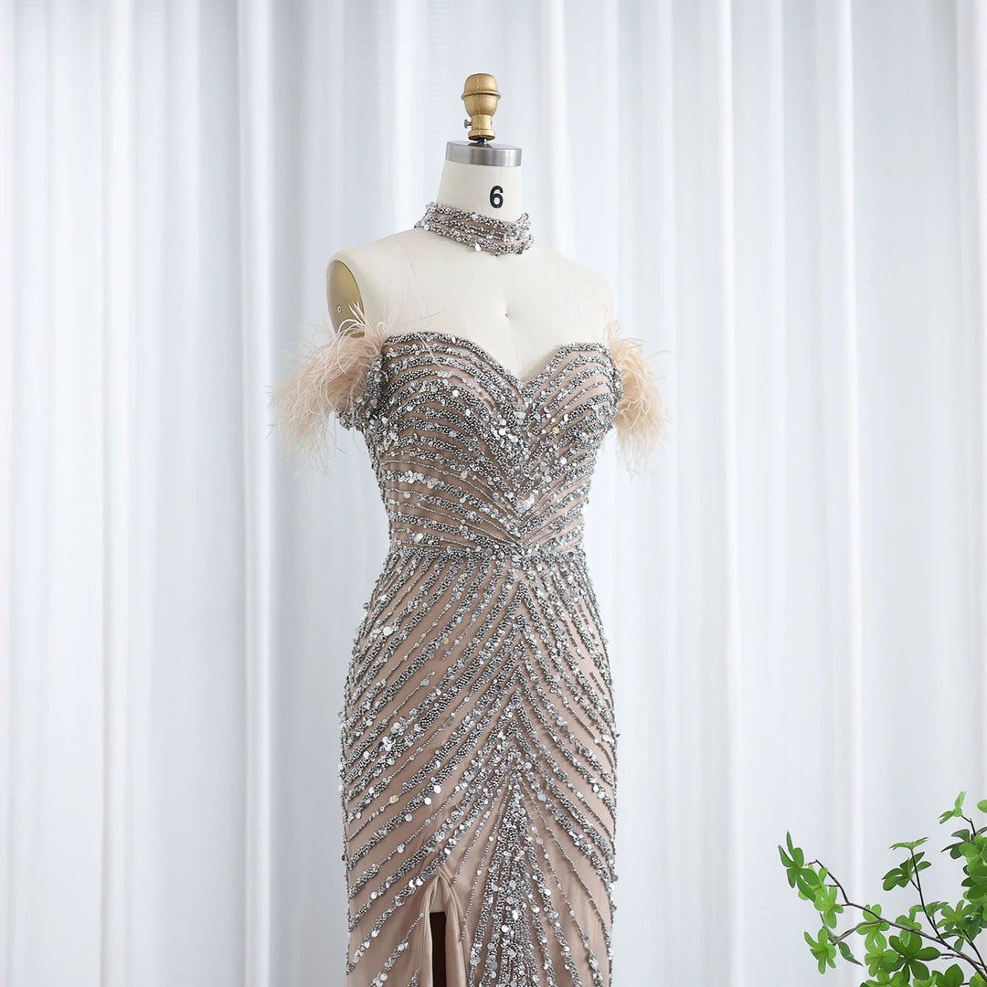 Luxury Feather Beaded Mermaid Evenig Dress with Chocker SS167