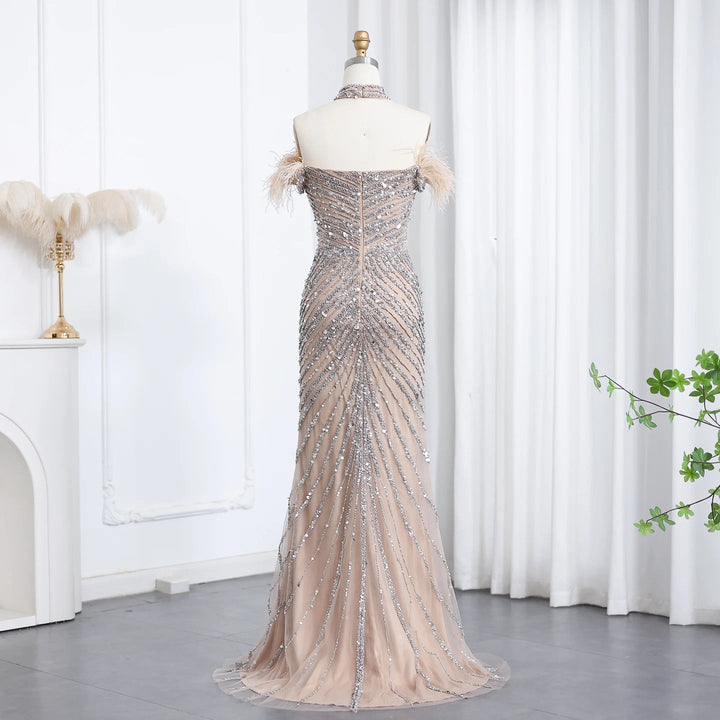 Luxury Feather Beaded Mermaid Evenig Dress with Chocker SS167