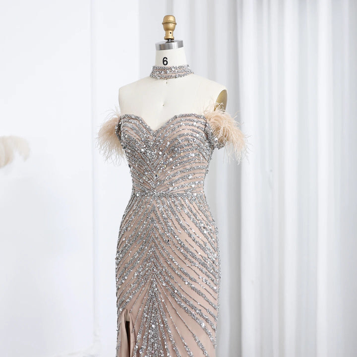 Luxury Feather Beaded Mermaid Evenig Dress with Chocker SS167
