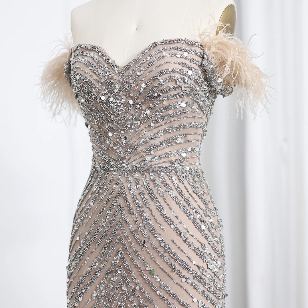 Luxury Feather Beaded Mermaid Evenig Dress with Chocker SS167