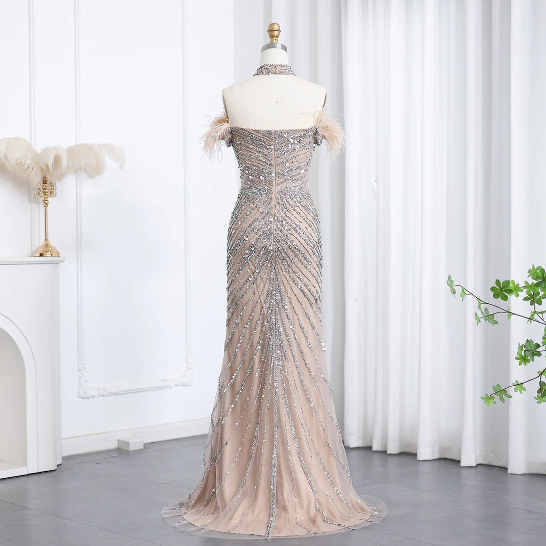 Luxury Feather Beaded Mermaid Evenig Dress with Chocker SS167
