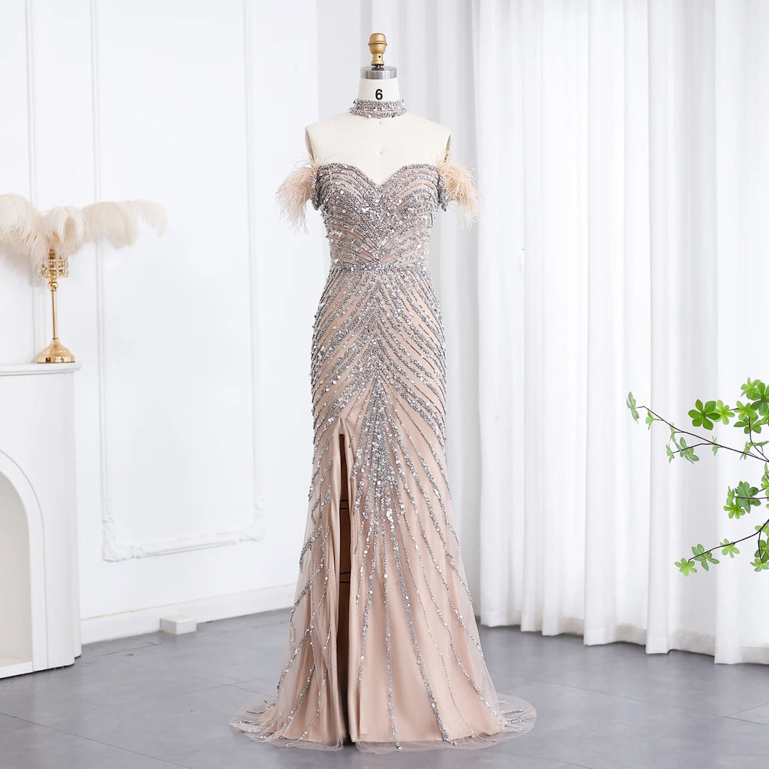 Luxury Feather Beaded Mermaid Evenig Dress with Chocker SS167