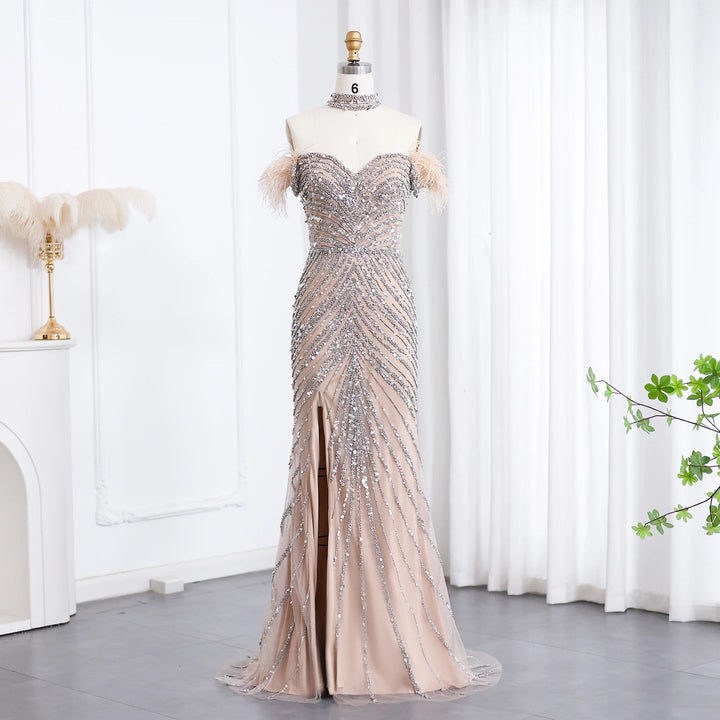 Luxury Feather Beaded Mermaid Evenig Dress with Chocker SS167
