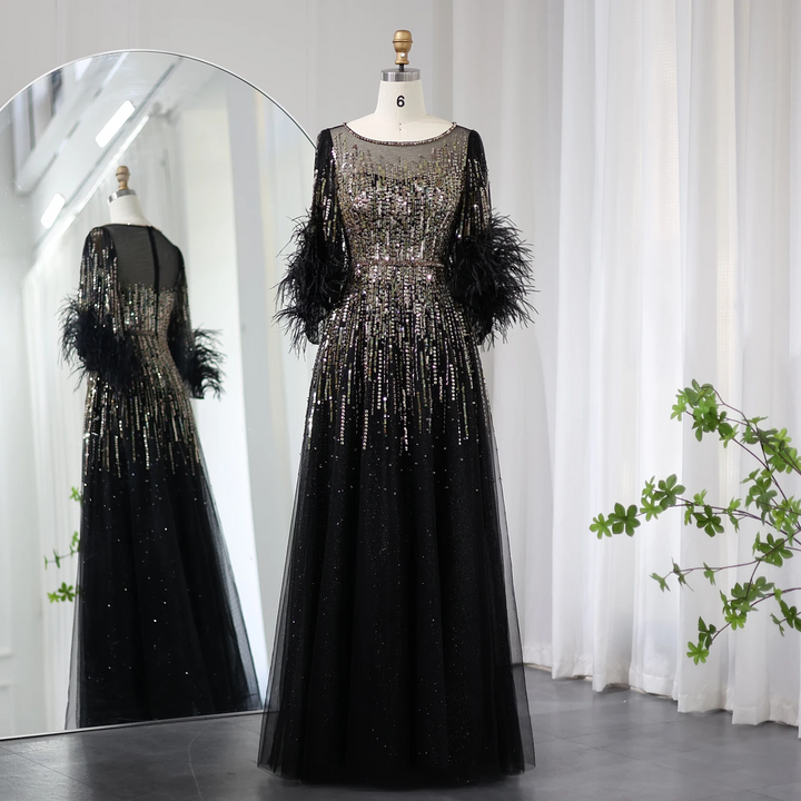 Luxury Feathers Black Dubai Evening Dresses SS339