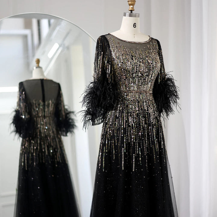 Luxury Feathers Black Dubai Evening Dresses SS339