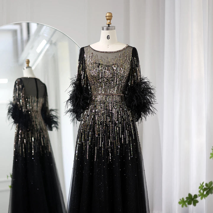 Luxury Feathers Black Dubai Evening Dresses SS339