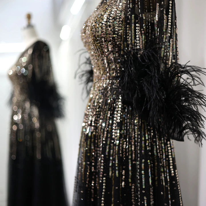 Luxury Feathers Black Dubai Evening Dresses SS339