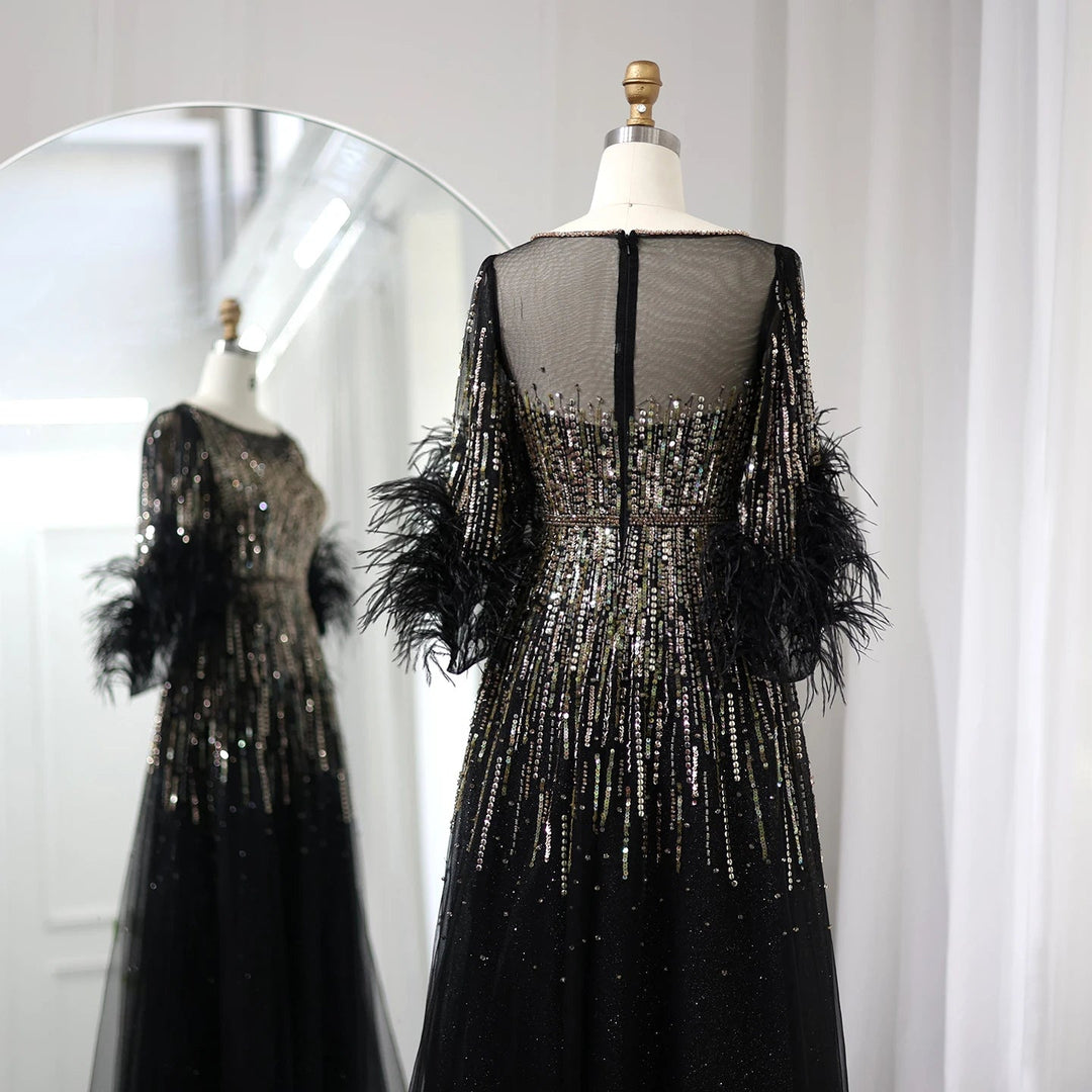 Luxury Feathers Black Dubai Evening Dresses SS339