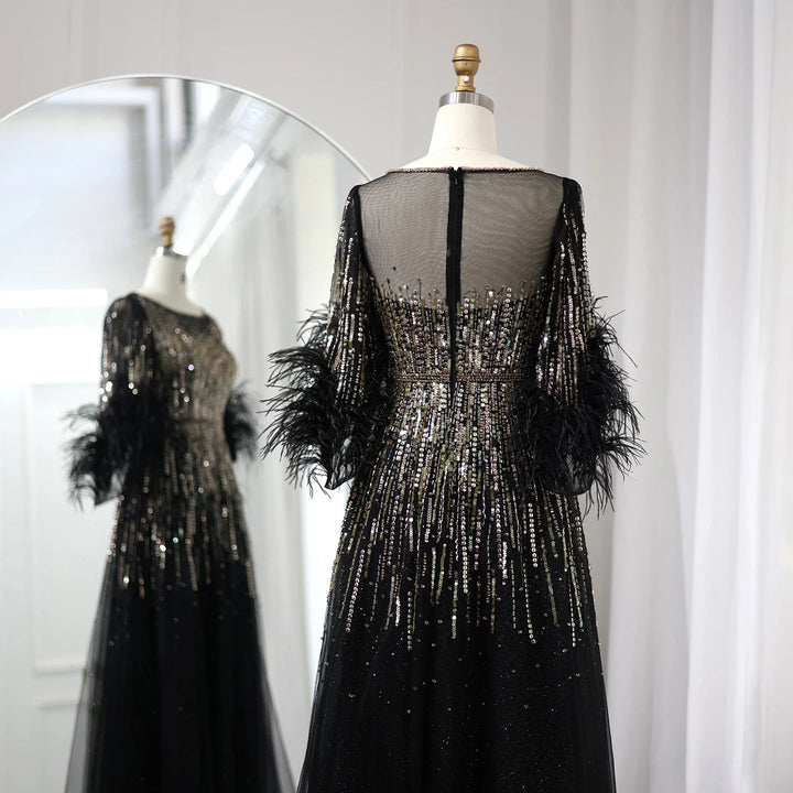 Luxury Feathers Black Dubai Evening Dresses SS339