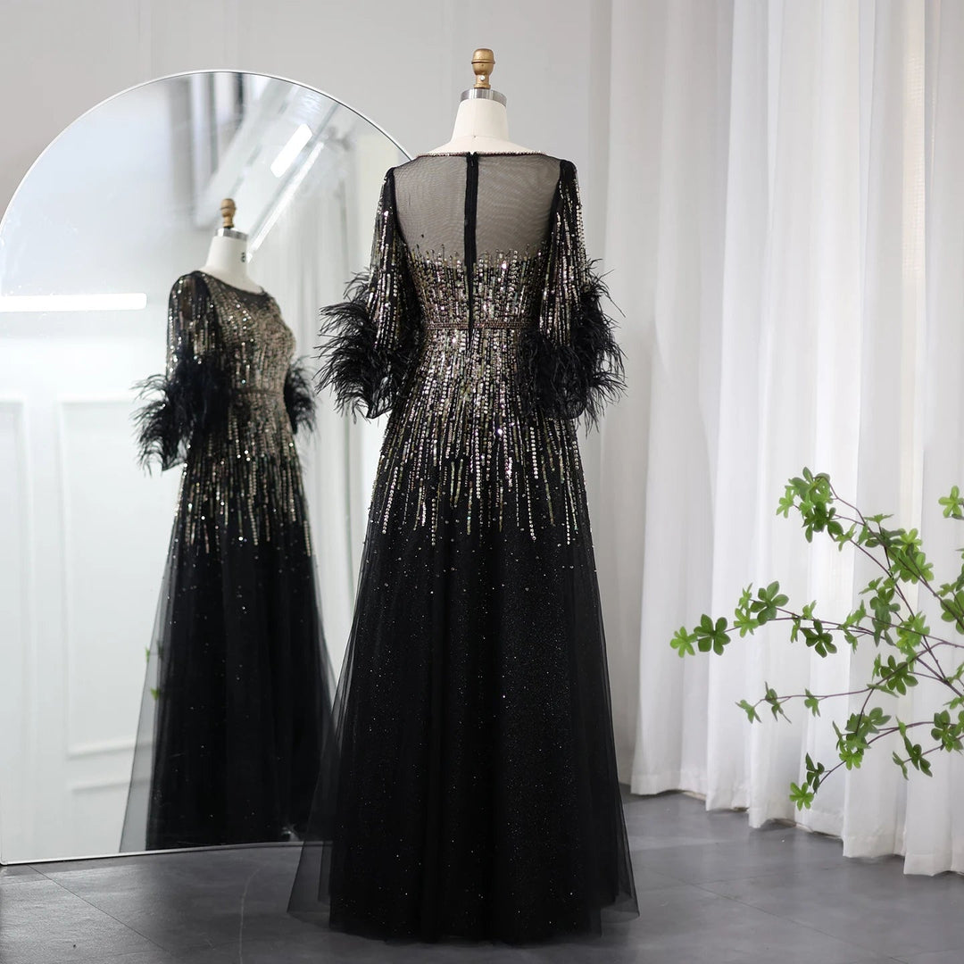 Luxury Feathers Black Dubai Evening Dresses SS339