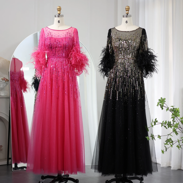 Luxury Feathers Black Dubai Evening Dresses SS339