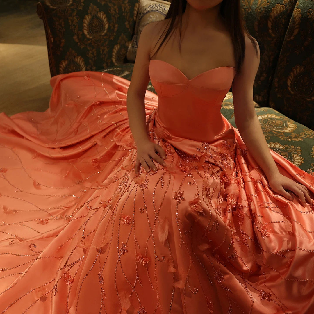 Luxury Feathers Dubai Coral Pink Evening Dresses 3D Flowers SS470