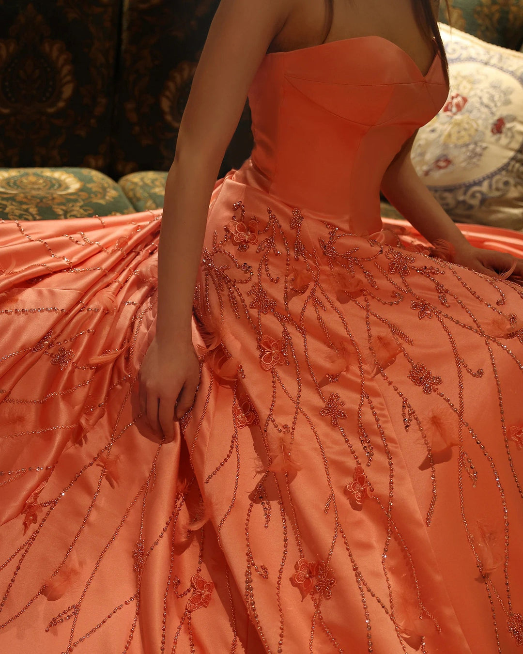 Luxury Feathers Dubai Coral Pink Evening Dresses 3D Flowers SS470