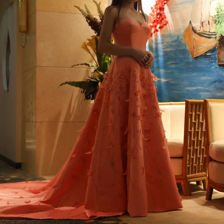 Luxury Feathers Dubai Coral Pink Evening Dresses 3D Flowers SS470
