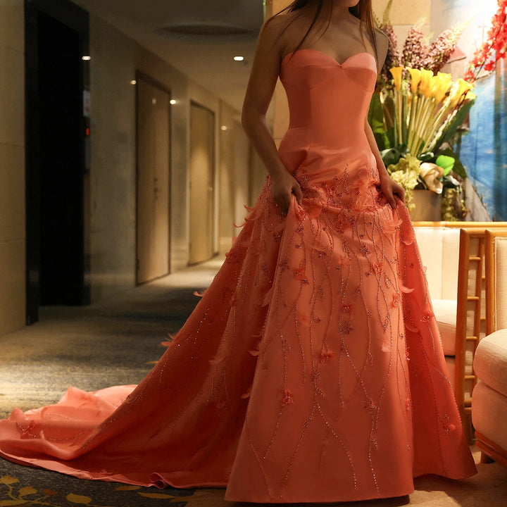Luxury Feathers Dubai Coral Pink Evening Dresses 3D Flowers SS470