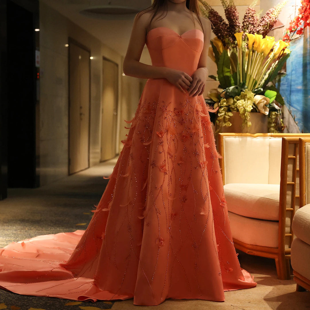 Luxury Feathers Dubai Coral Pink Evening Dresses 3D Flowers SS470
