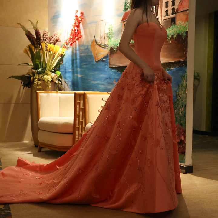 Luxury Feathers Dubai Coral Pink Evening Dresses 3D Flowers SS470