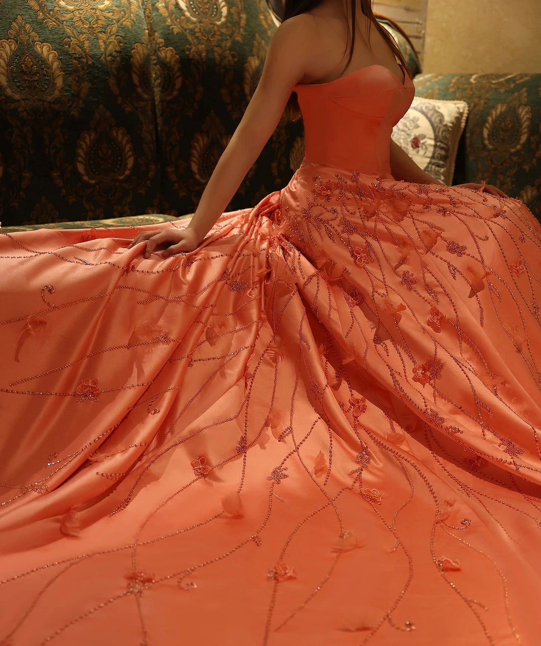 Luxury Feathers Dubai Coral Pink Evening Dresses 3D Flowers SS470