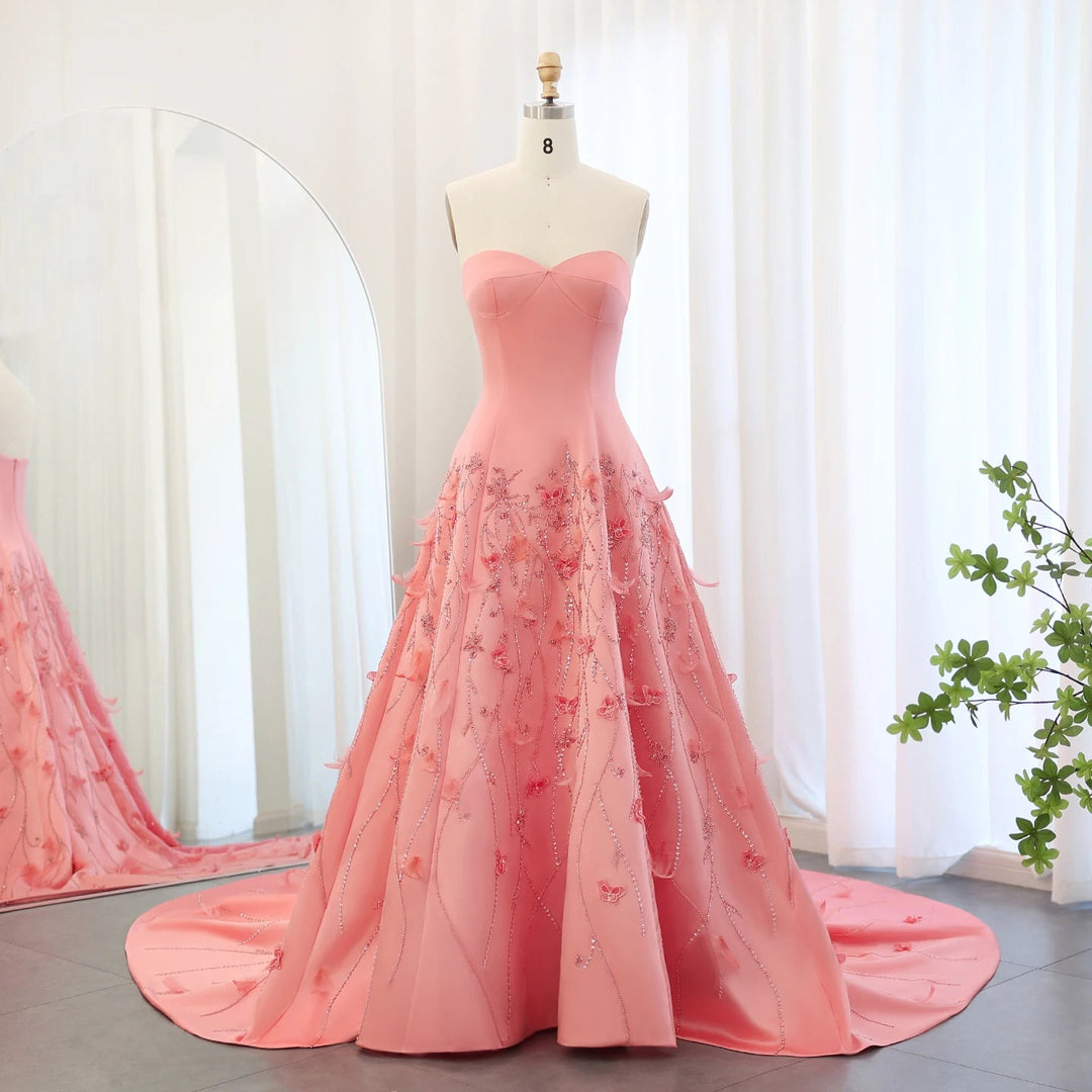 Luxury Feathers Dubai Coral Pink Evening Dresses 3D Flowers SS470
