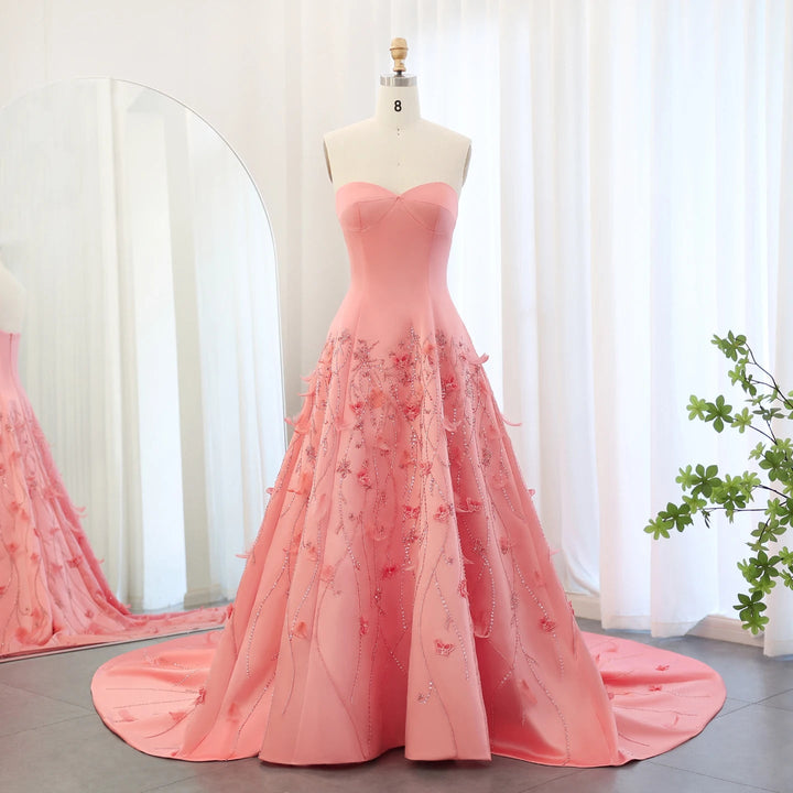 Luxury Feathers Dubai Coral Pink Evening Dresses 3D Flowers SS470
