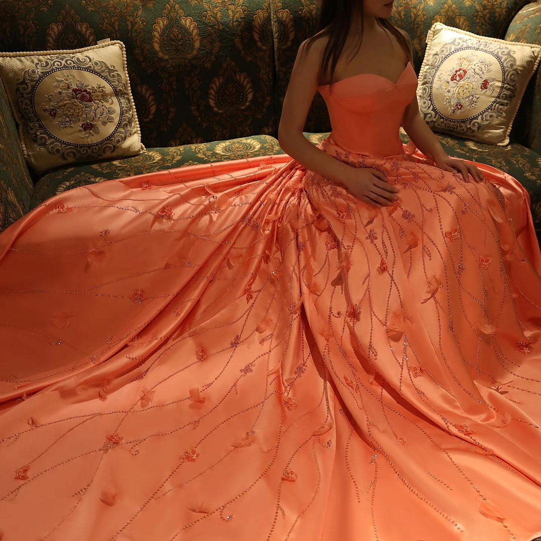 Luxury Feathers Dubai Coral Pink Evening Dresses 3D Flowers SS470