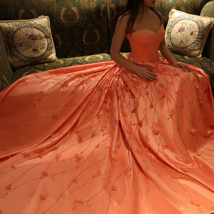 Luxury Feathers Dubai Coral Pink Evening Dresses 3D Flowers SS470