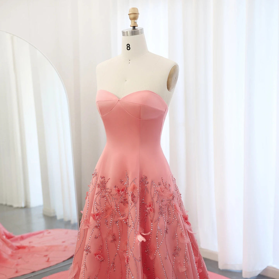 Luxury Feathers Dubai Coral Pink Evening Dresses 3D Flowers SS470