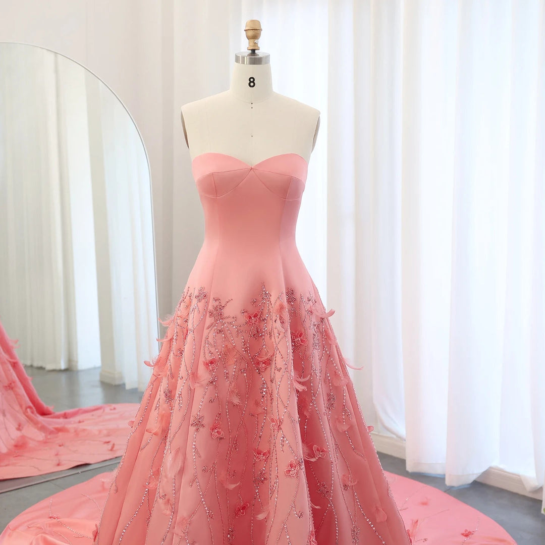 Luxury Feathers Dubai Coral Pink Evening Dresses 3D Flowers SS470