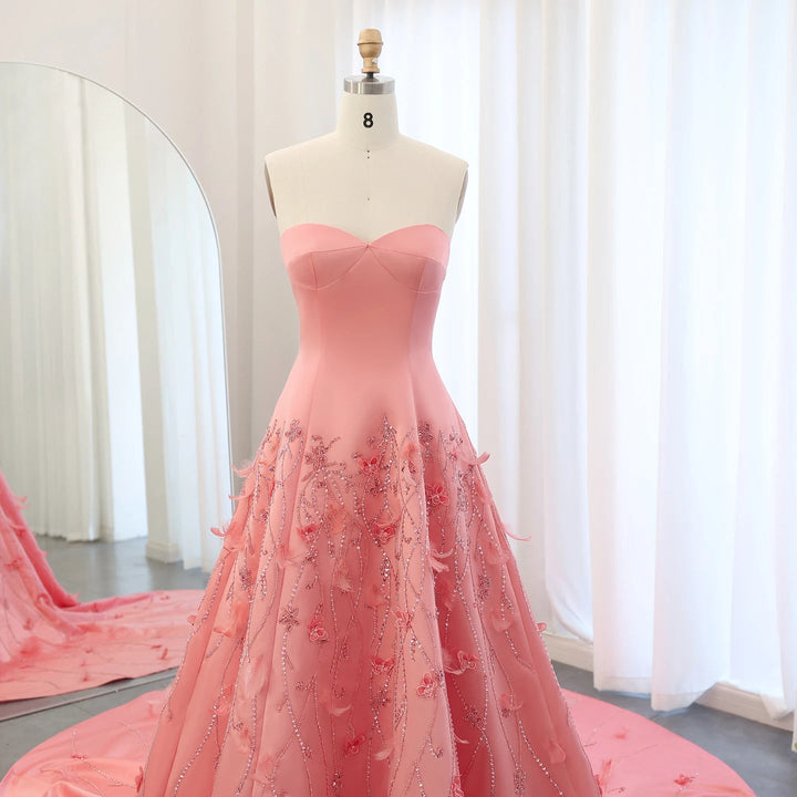 Luxury Feathers Dubai Coral Pink Evening Dresses 3D Flowers SS470