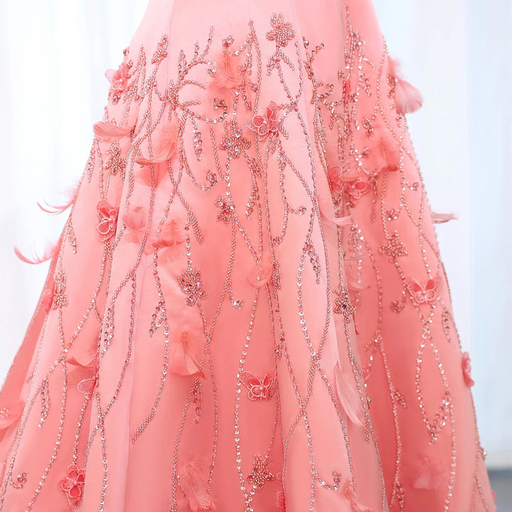 Luxury Feathers Dubai Coral Pink Evening Dresses 3D Flowers SS470