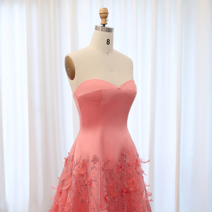 Luxury Feathers Dubai Coral Pink Evening Dresses 3D Flowers SS470