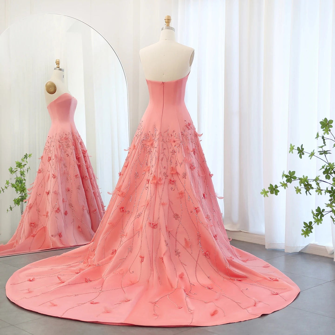Luxury Feathers Dubai Coral Pink Evening Dresses 3D Flowers SS470