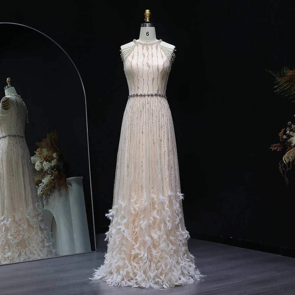 Luxury Feathers Lace Cream Evening Dress SS595