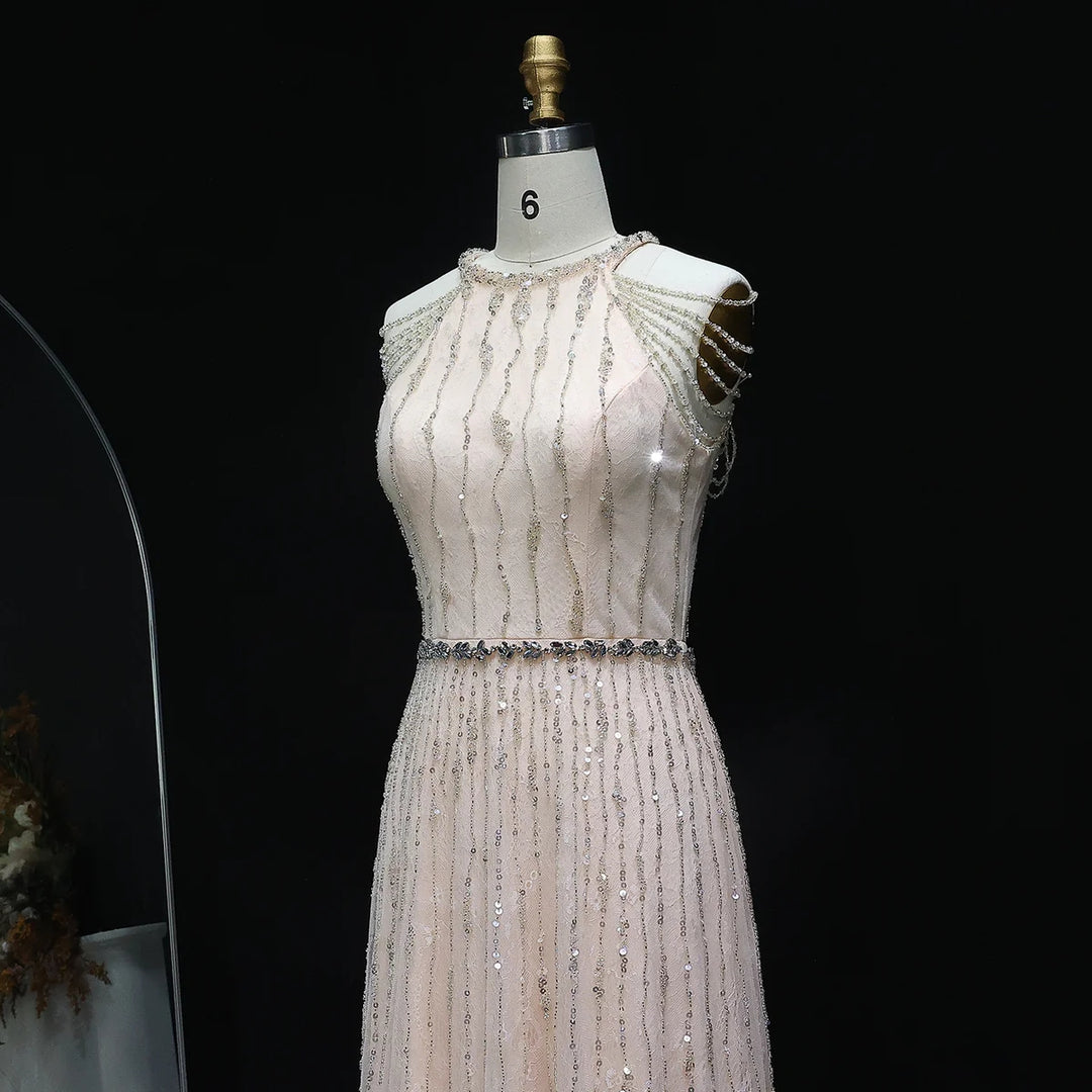 Luxury Feathers Lace Cream Evening Dress SS595