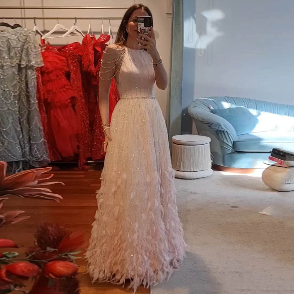 Luxury Feathers Lace Cream Evening Dress SS595 Luxury Feathers Lace Cream Evening Dress SS595