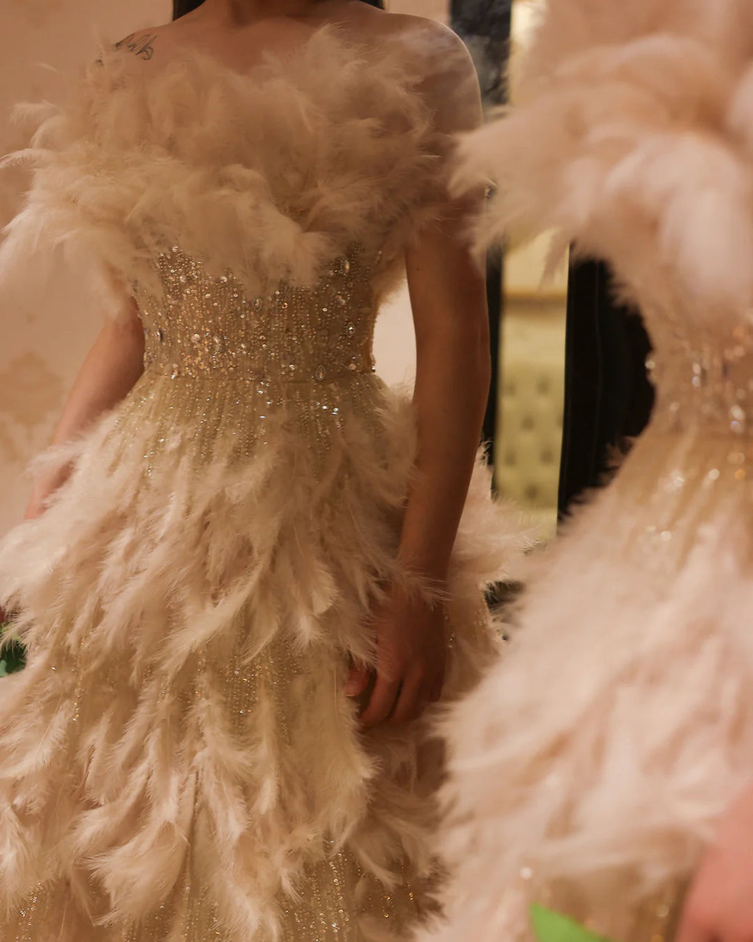 Luxury Feathers Princess Ball Gown Cream Evening Dress SS732