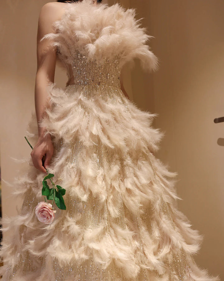Luxury Feathers Princess Ball Gown Cream Evening Dress SS732