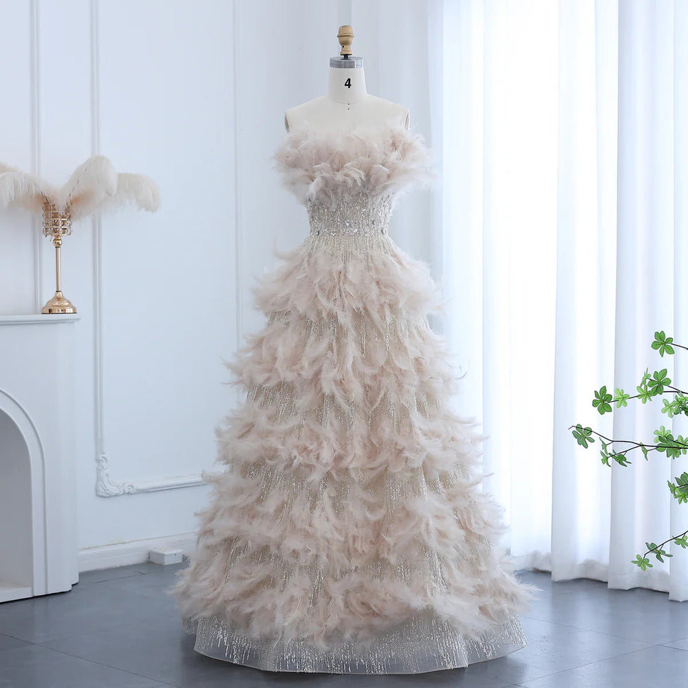 Luxury Feathers Princess Ball Gown Cream Evening Dress SS732